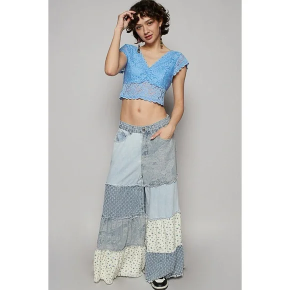 POL Patchwork Tiered Ruffle Exaggerated Wide Leg Jeans Relaxed Fit - Picture 5 of 9